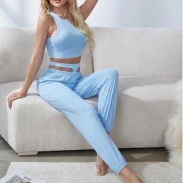 Sassy Baby Blue 2 Piece Solid comfortable tank top & Cut out waist